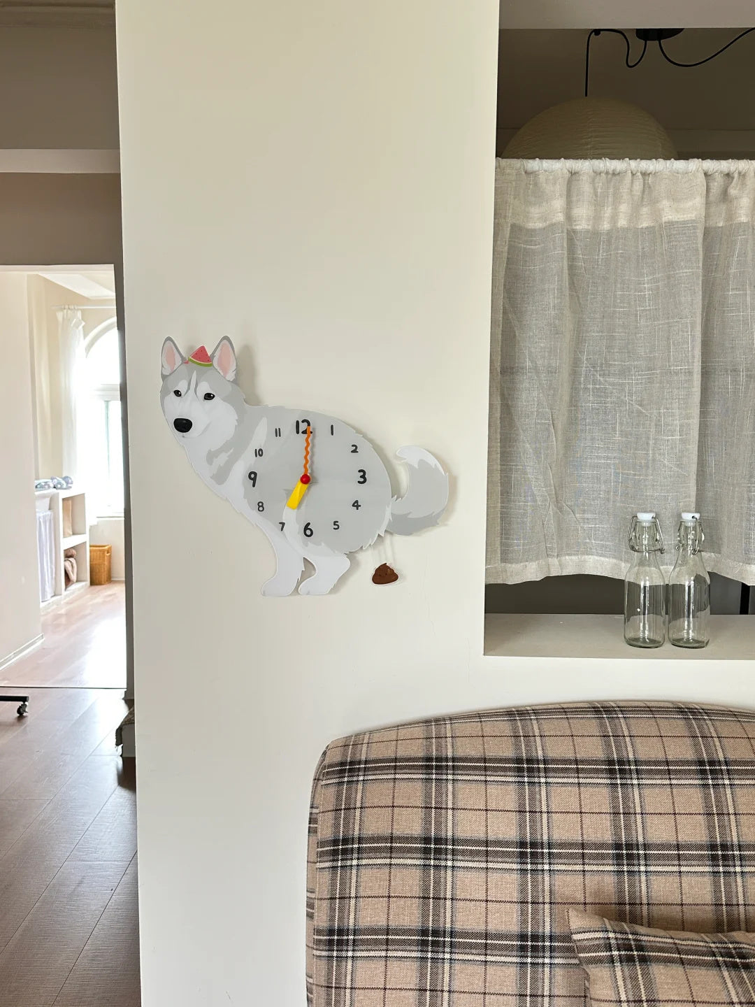 Gray Husky Wall Clock with Swinging Poop Pendulum additional product view