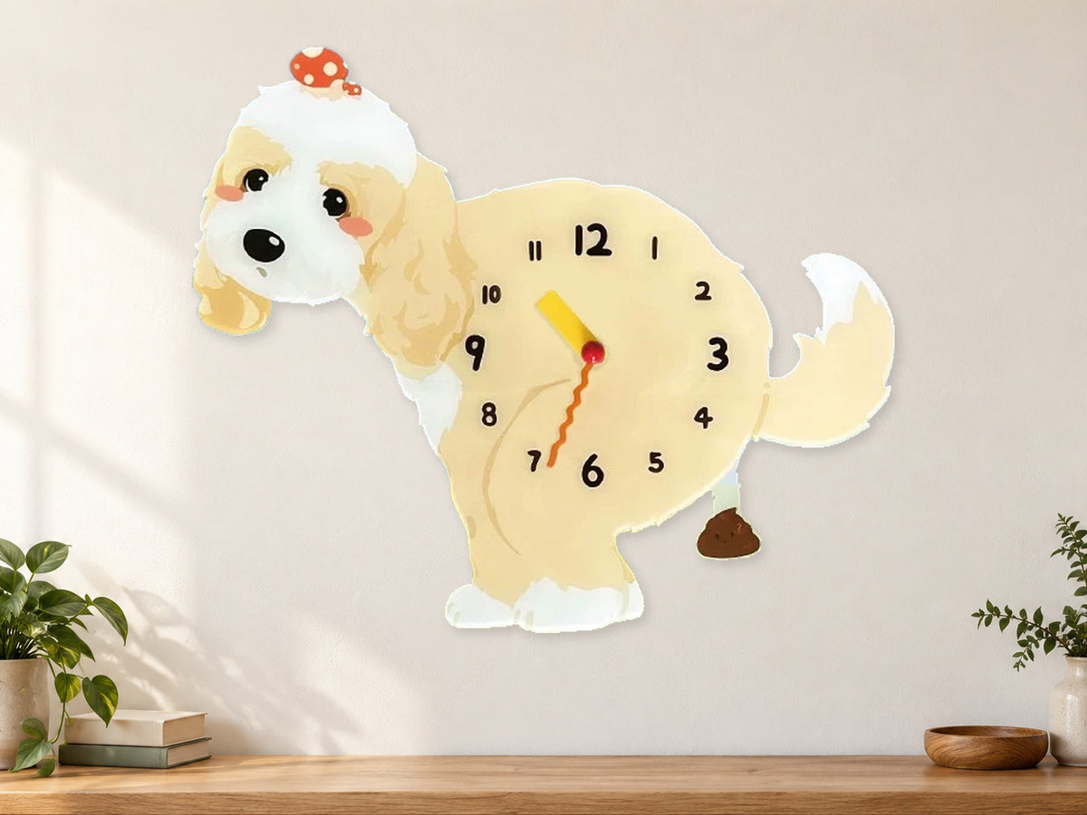 Light Cockapoo Wall Clock with Swinging Poop Pendulum in a supplementary room styling scene