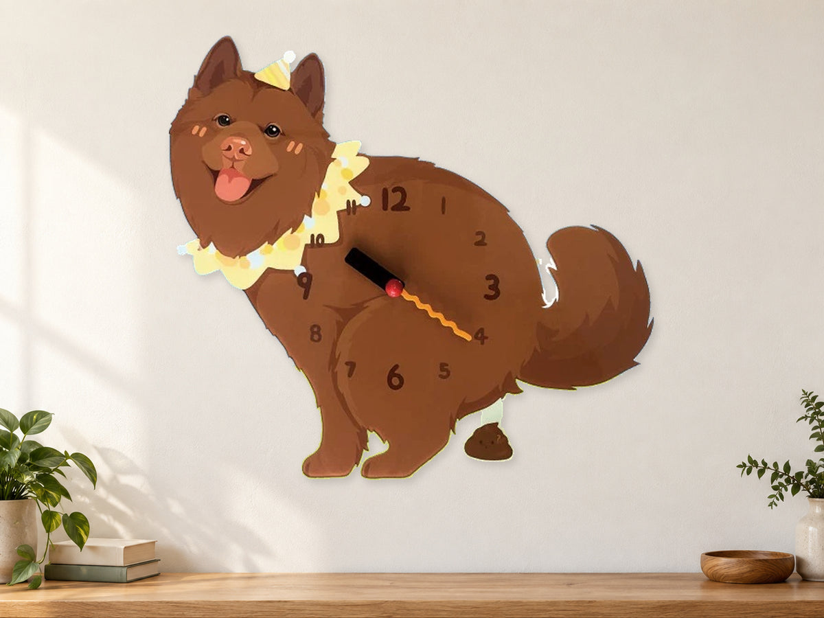Red Native Spitz Wall Clock with Swinging Poop Pendulum in a supplementary room styling scene