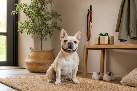 Cream French Bulldog beside a wrapped gift in a modern apartment entryway
