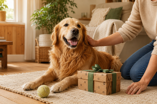 Golden Retriever relaxing beside a wrapped gift in a warm living room