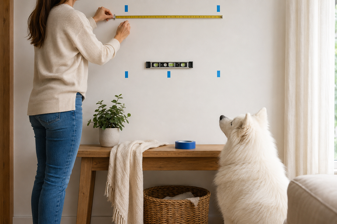 Homeowner measuring a blank wall while a Samoyed watches