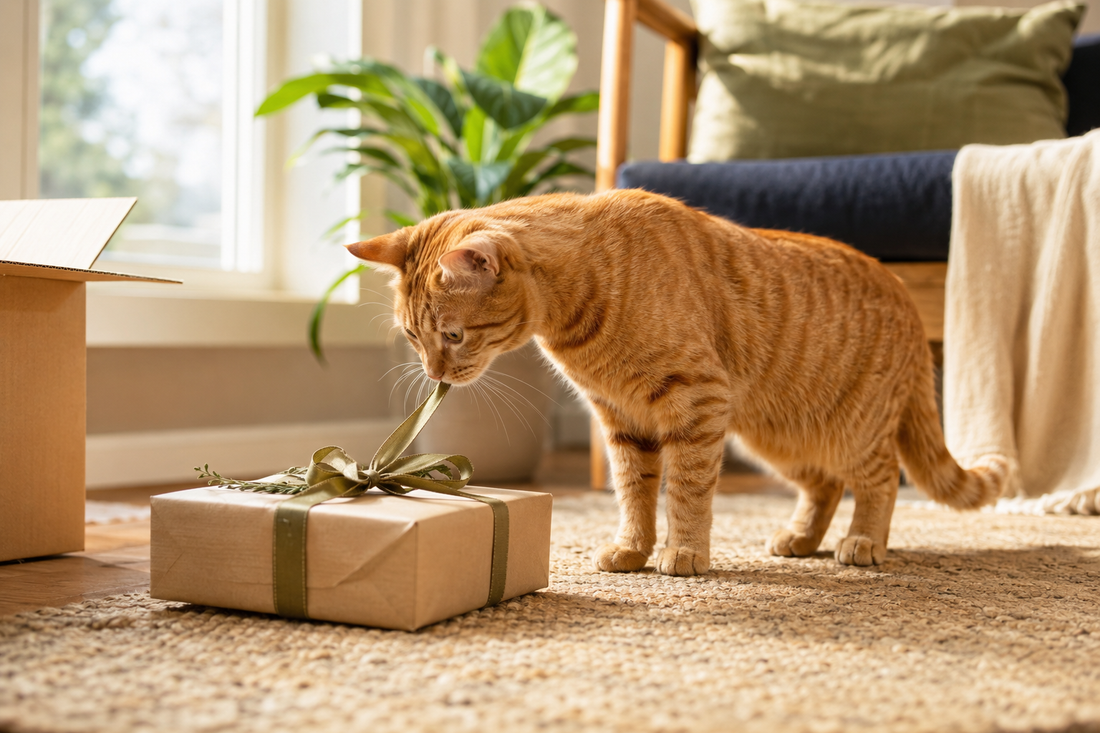 Orange tabby cat investigating a wrapped gift in a sunlit living room