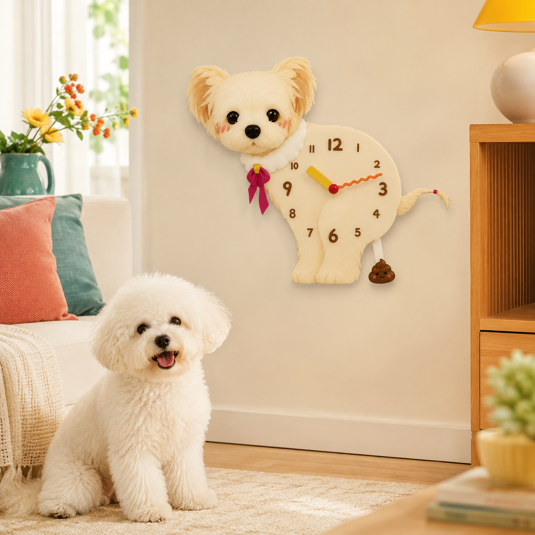 Bichon dog below a matching Petstify wall clock gift