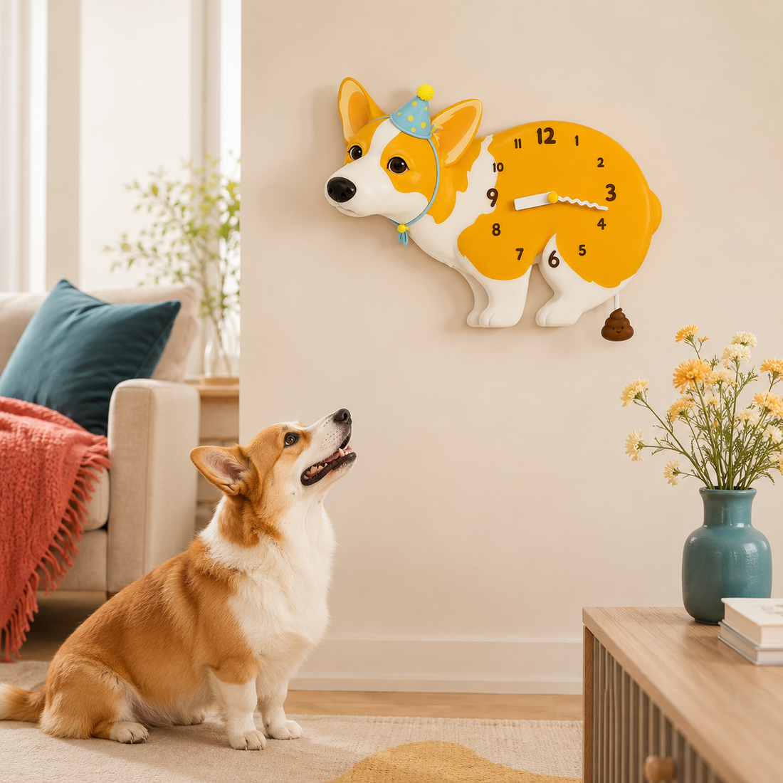 Corgi looking at a matching Petstify wall clock in a cozy room