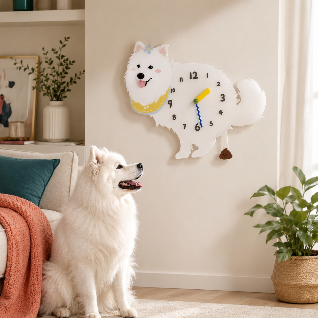 Sunny-inspired Samoyed wall clock in a cozy room