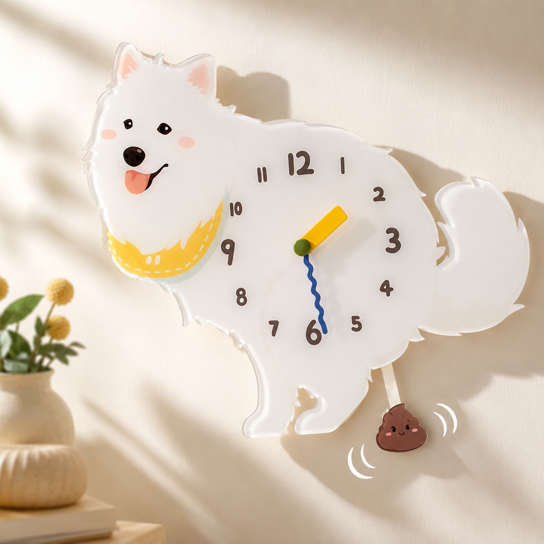 Close-up of a Petstify dog clock with a swinging poop pendulum