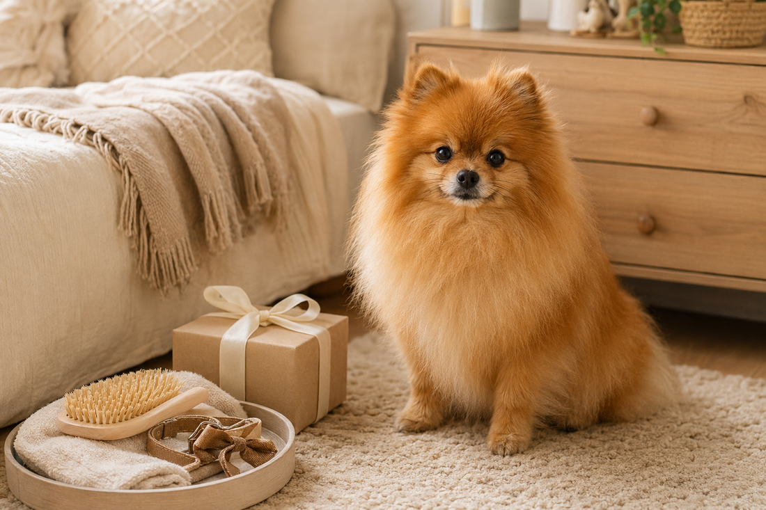 Fluffy orange Pomeranian in a cozy bedroom grooming nook