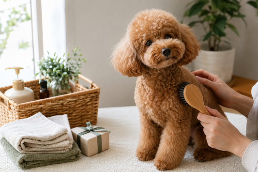 Brown teddy Poodle being brushed in a bright home grooming corner