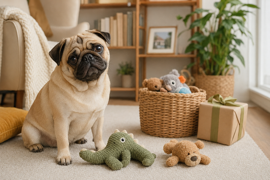 Expressive fawn Pug sitting beside toys and a wrapped gift