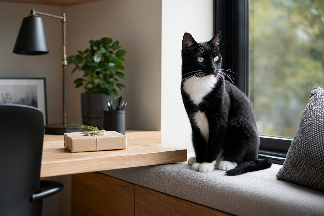Tuxedo cat sitting in a modern black and white home office