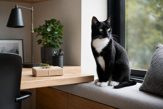 Tuxedo cat sitting in a modern black and white home office