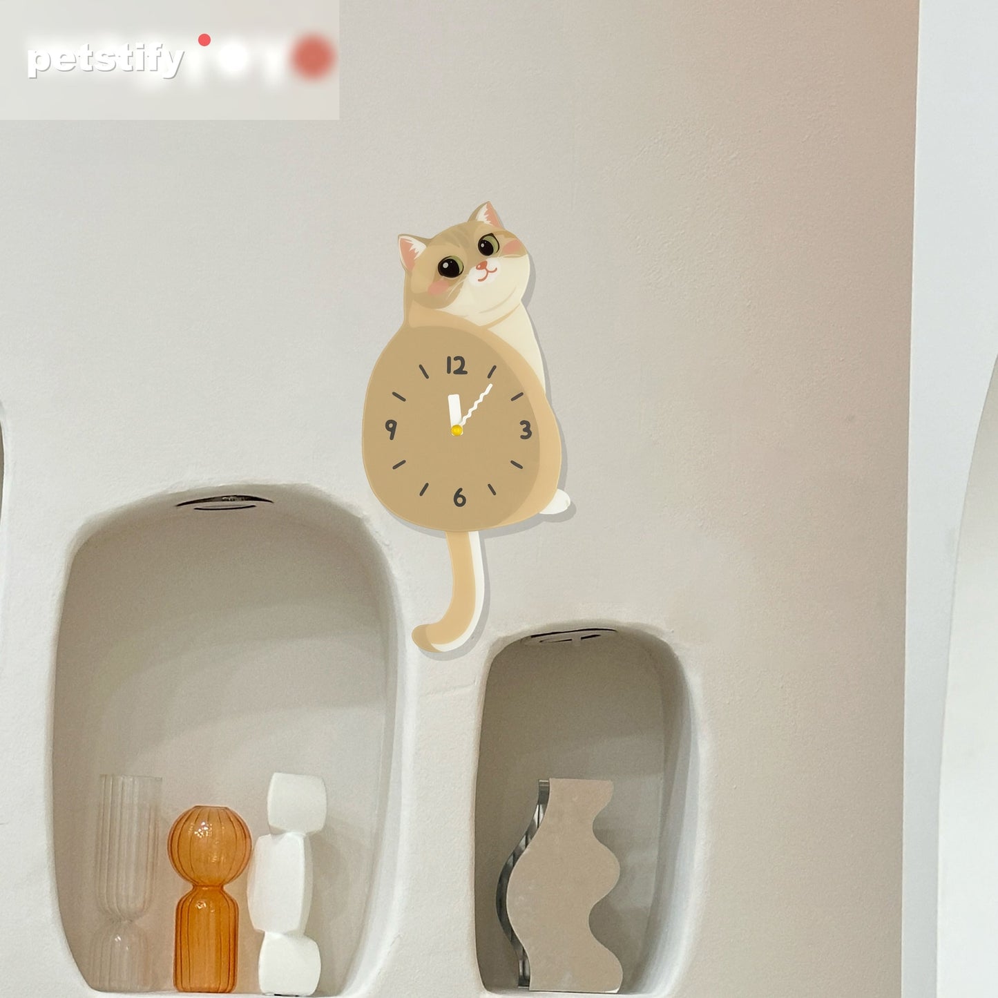 Blue Golden Shaded Cat Petstify cat wall clock with playful swinging detail