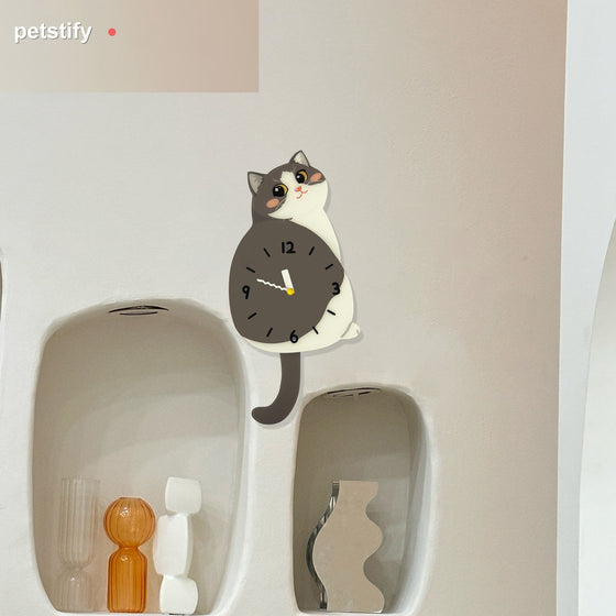 Blue and White Cat Swinging Tail Wall Clock acrylic clock cutout