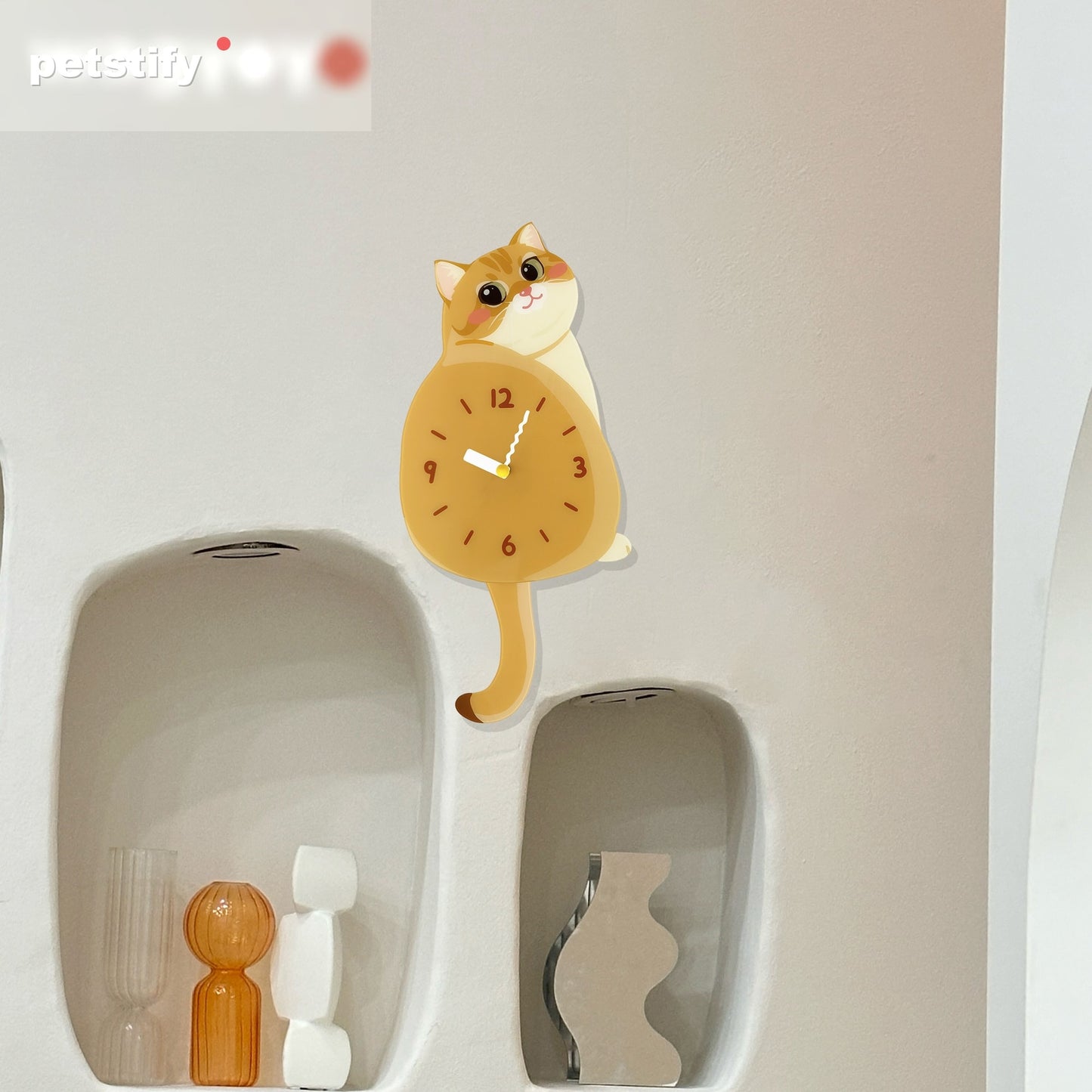 Golden Shaded Cat Petstify cat wall clock with playful swinging detail