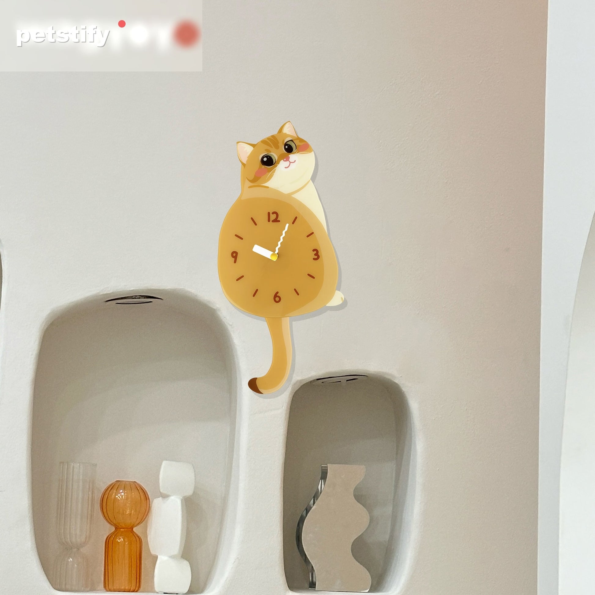 Golden Shaded Cat Petstify cat wall clock with playful swinging detail