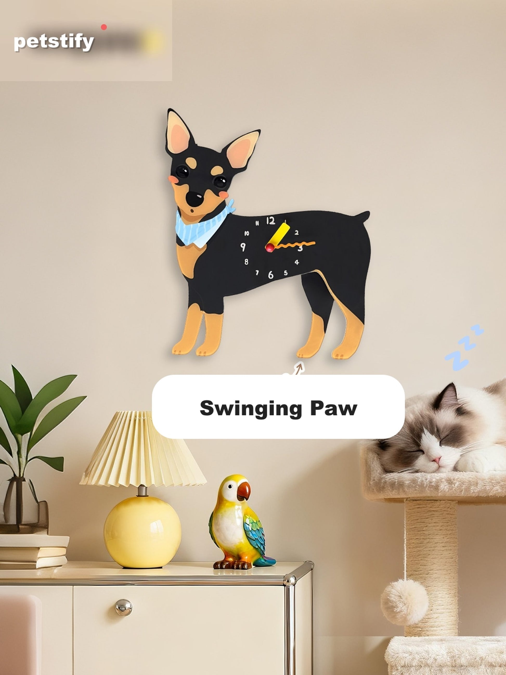 Miniature Pinscher Petstify dog wall clock with swinging poop pendulum