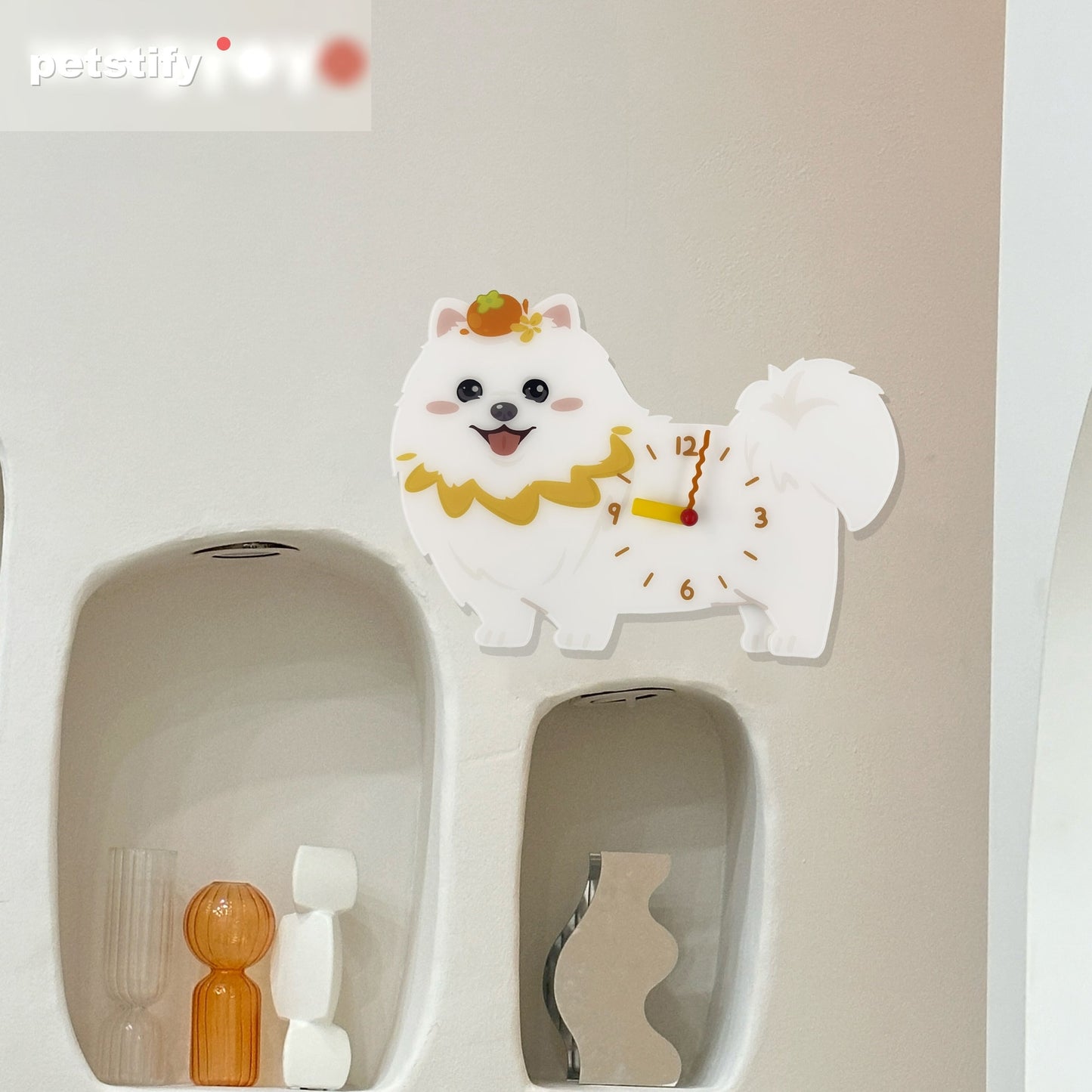 Pomeranian Petstify dog wall clock with swinging paw detail