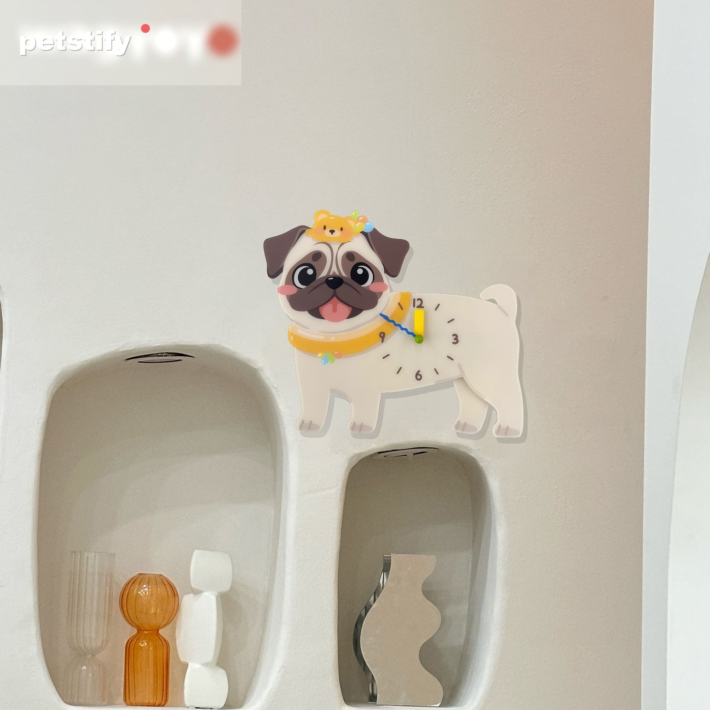 Pug Petstify dog wall clock with swinging paw detail