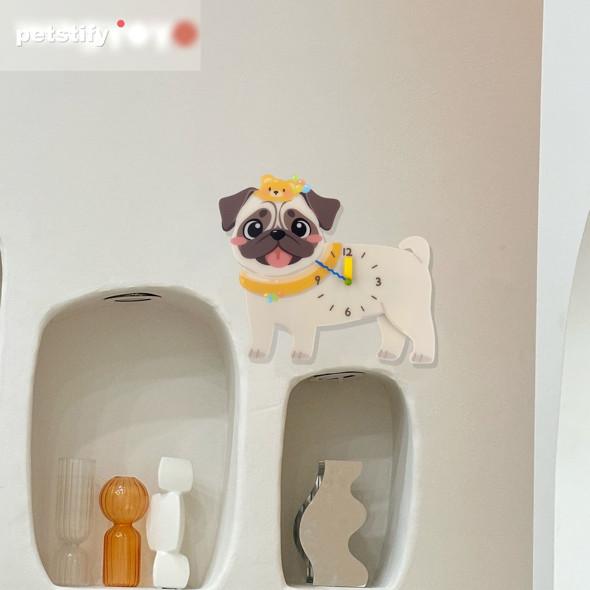 Pug Petstify dog wall clock with swinging paw detail