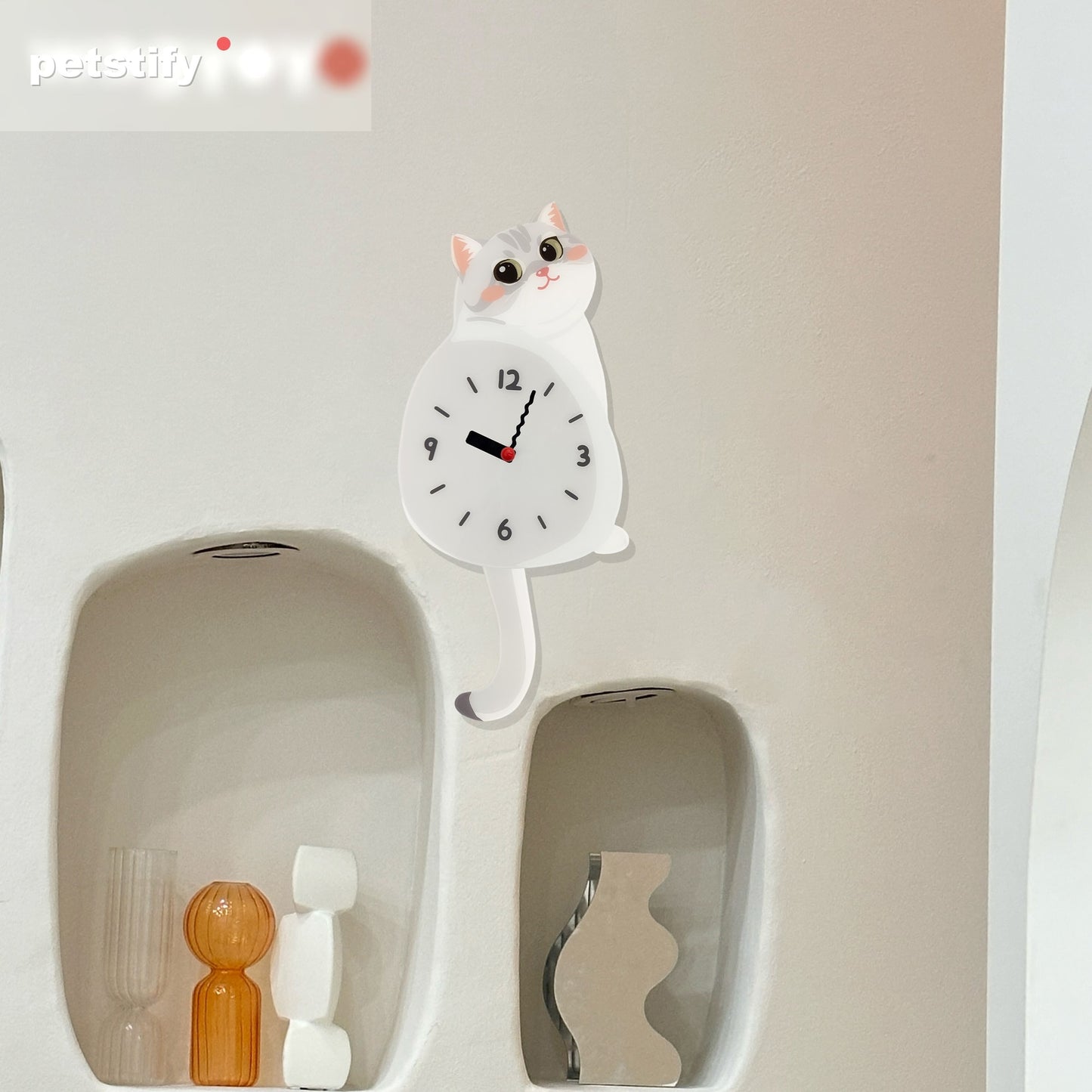 Silver Shaded Cat Petstify cat wall clock with playful swinging detail
