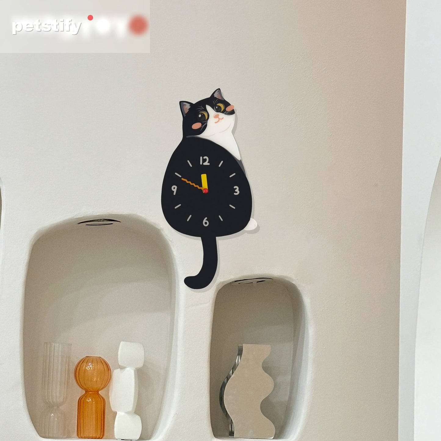 Tuxedo Cat Petstify cat wall clock with swinging tail detail