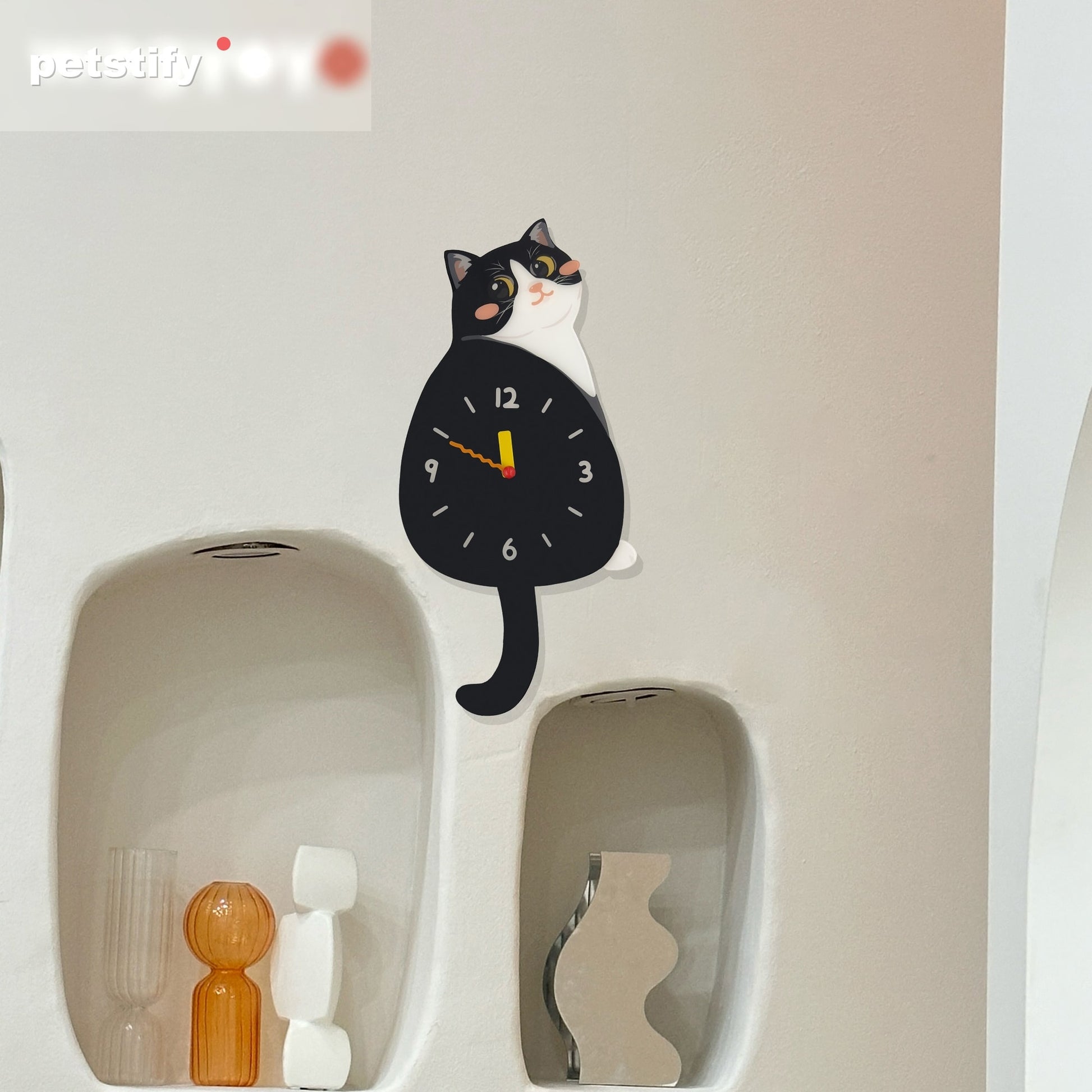 Tuxedo Cat Petstify cat wall clock with swinging tail detail