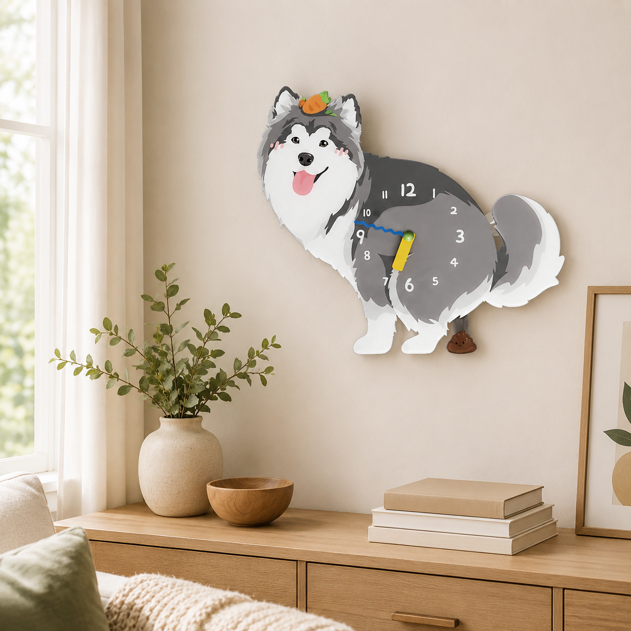 Gray Peach Alaskan Malamute styled on a cozy home wall as funny dog wall decor