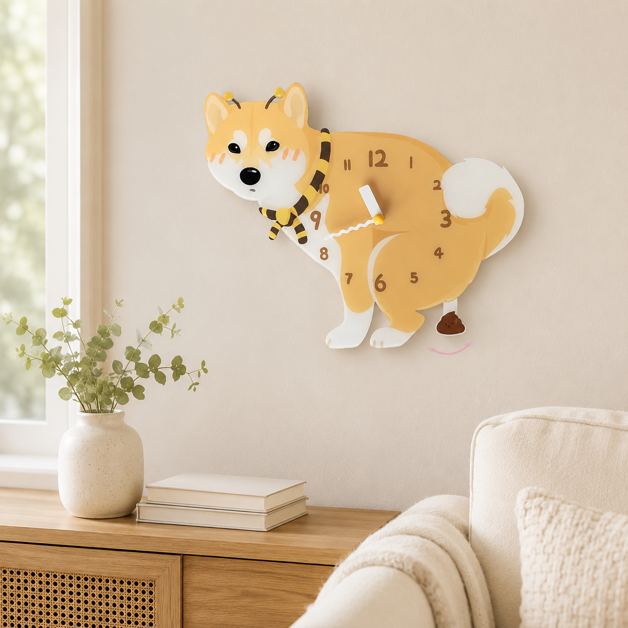 Yellow Shiba Inu styled on a cozy home wall as funny dog wall decor