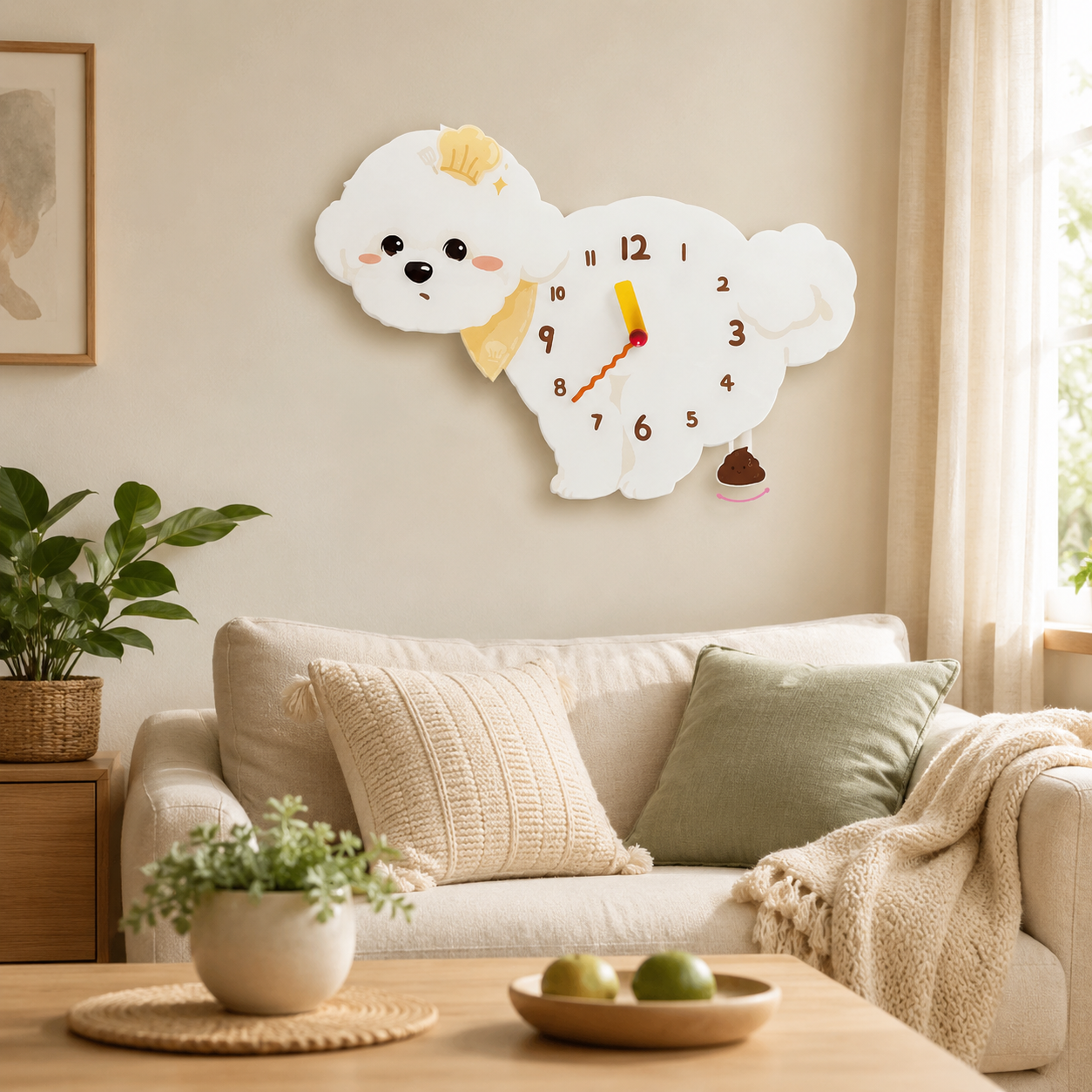Chef Bichon Frise styled on a cozy home wall as funny dog wall decor
