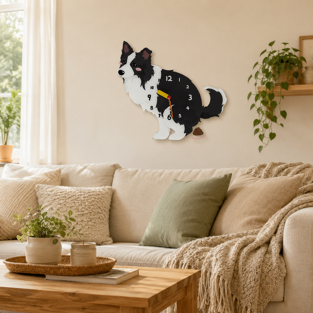 Black and White Border Collie styled on a cozy home wall as funny dog wall decor
