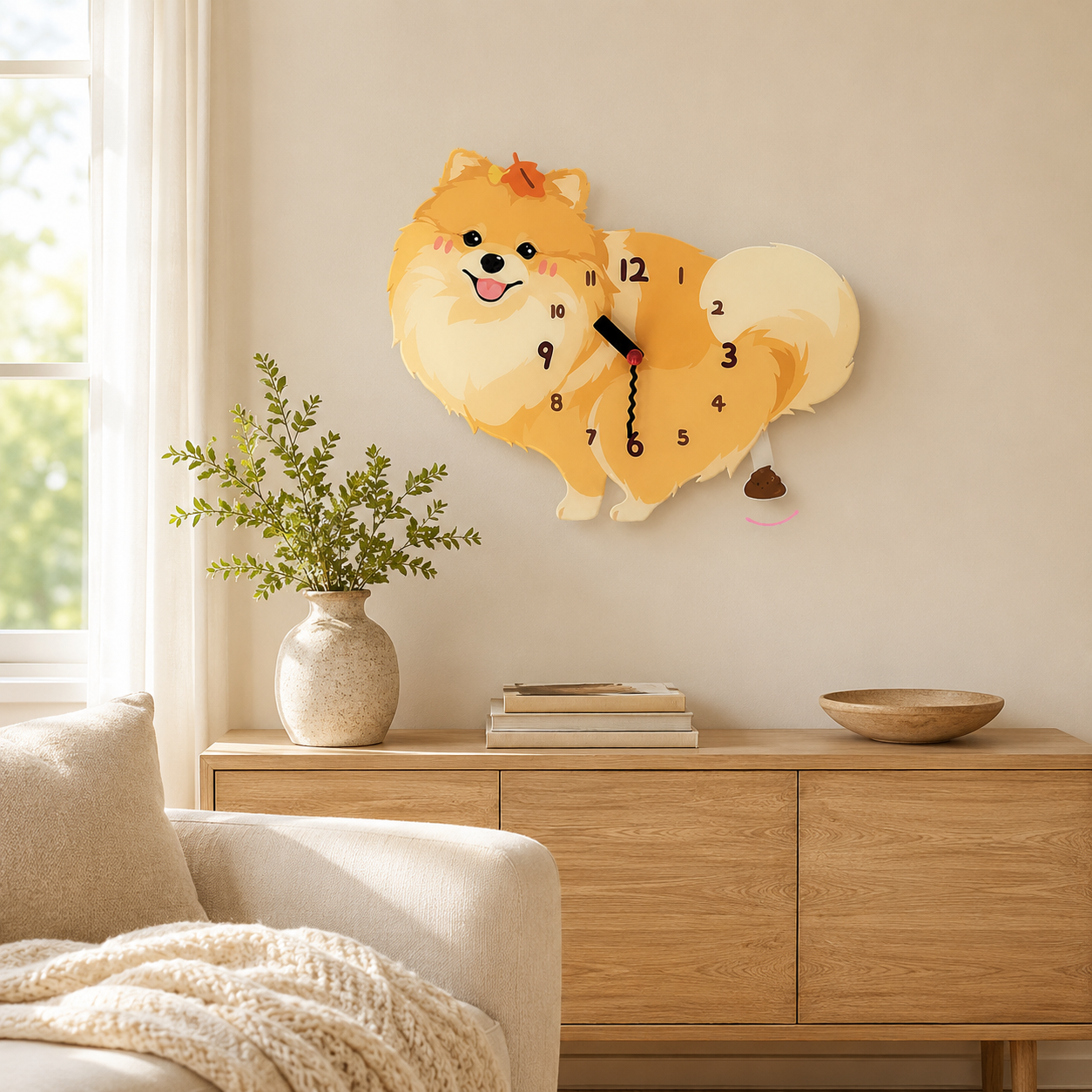 Yellow Pomeranian styled on a cozy home wall as funny dog wall decor