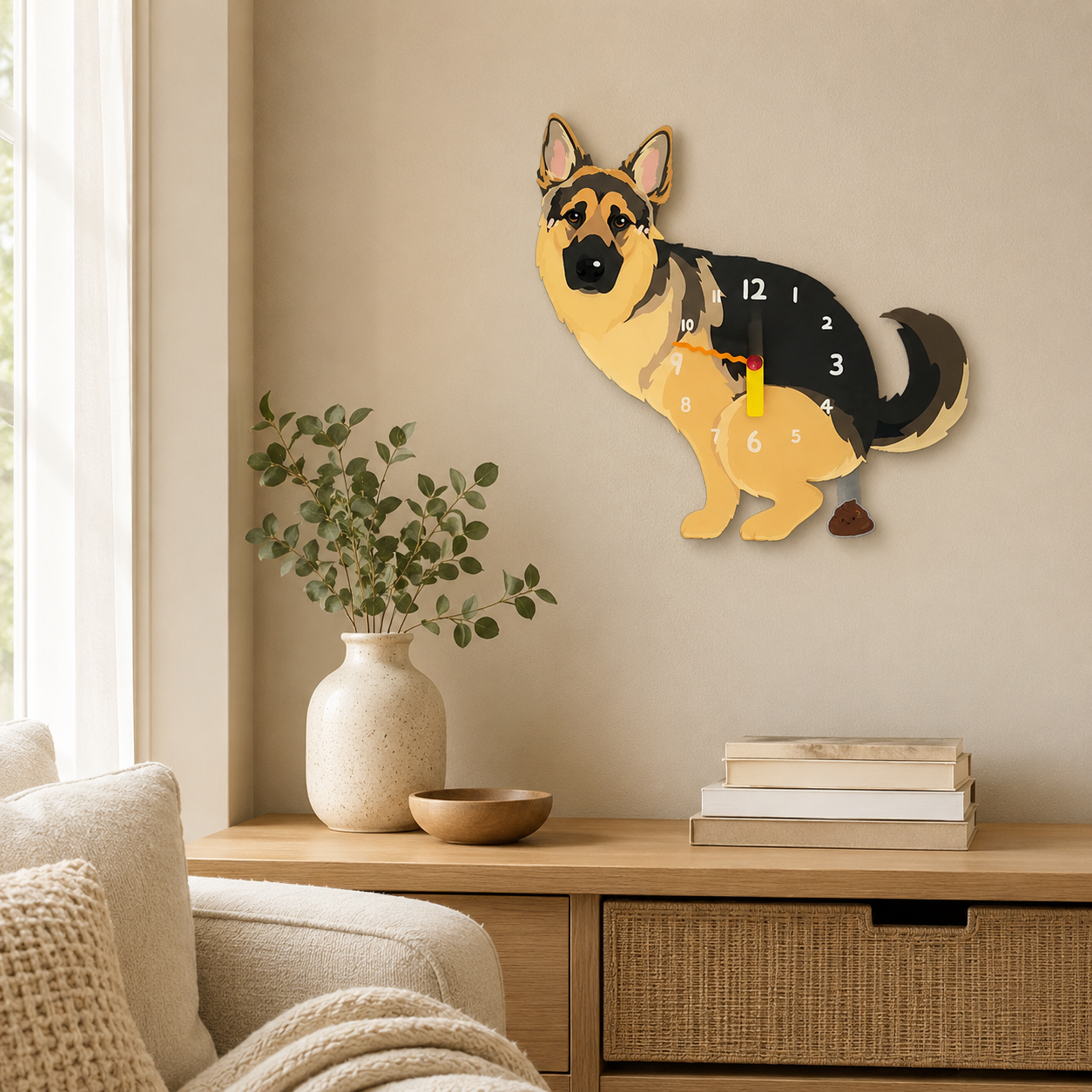 German Shepherd styled on a cozy home wall as funny dog wall decor