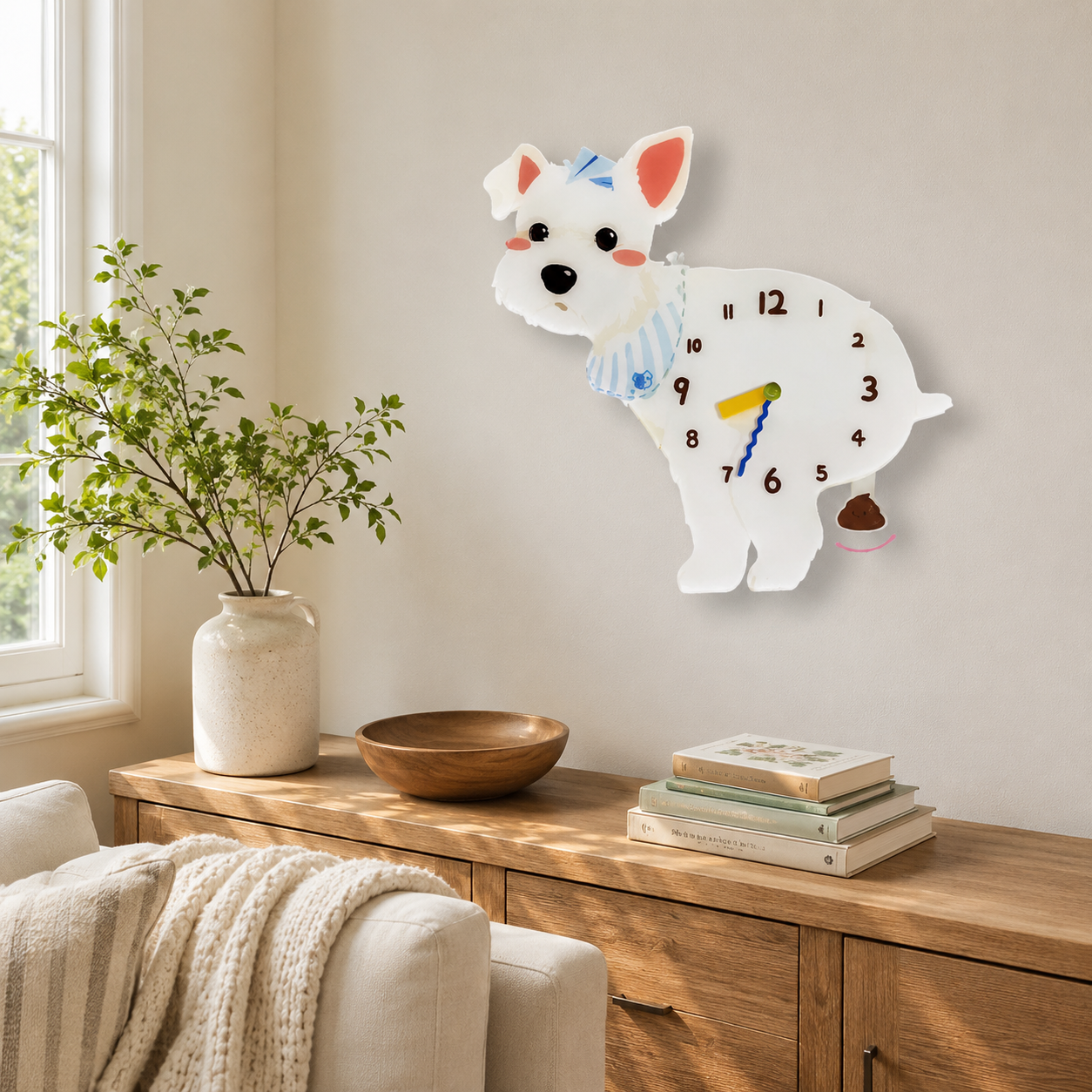 White Schnauzer styled on a cozy home wall as funny dog wall decor