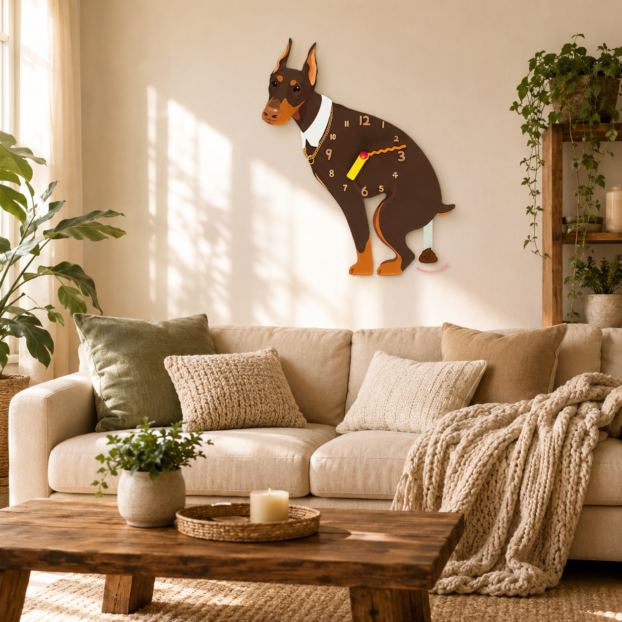 Brown Doberman styled on a cozy home wall as funny dog wall decor