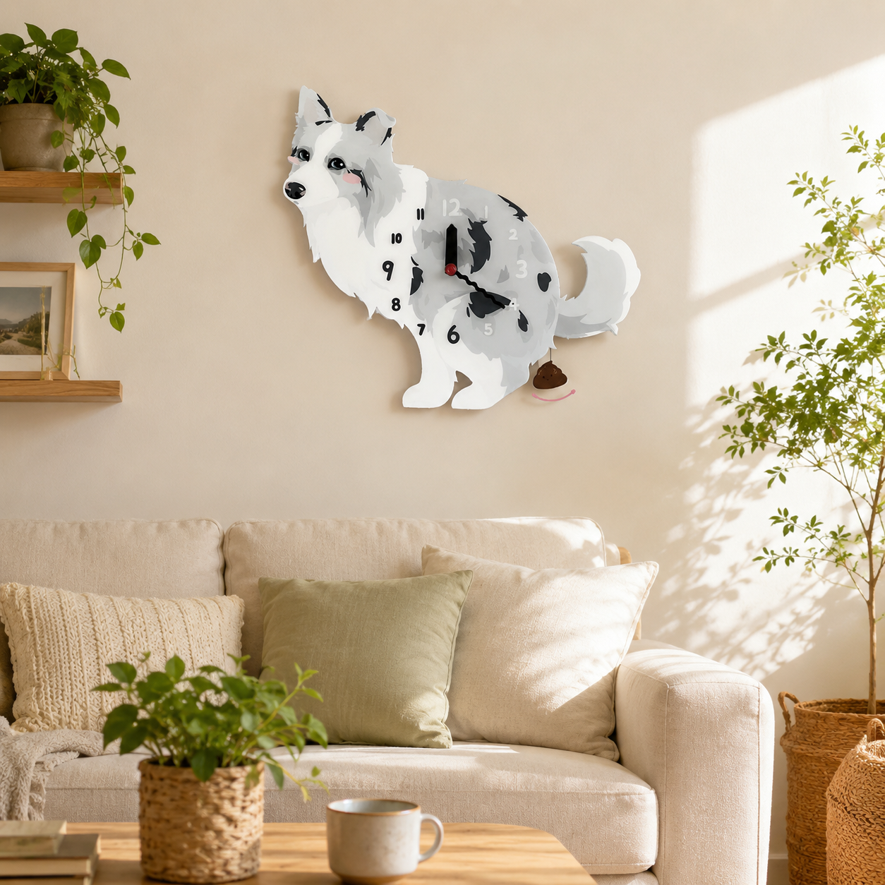 Blue Merle Border Collie styled on a cozy home wall as funny dog wall decor