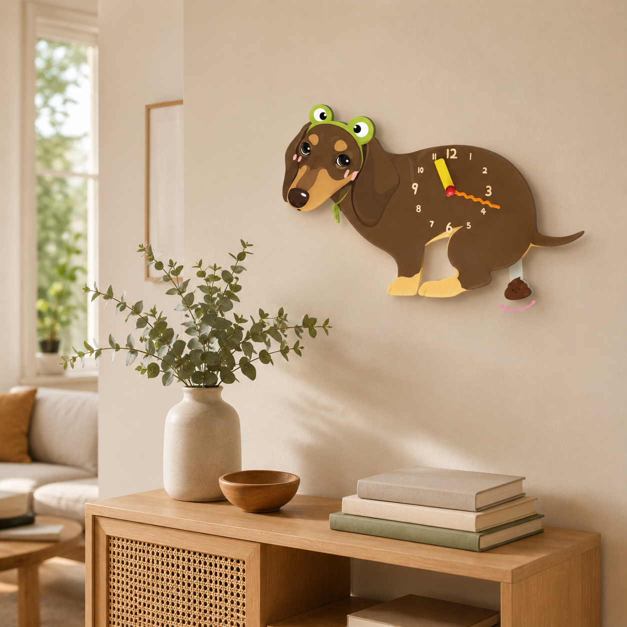 Dachshund styled on a cozy home wall as funny dog wall decor