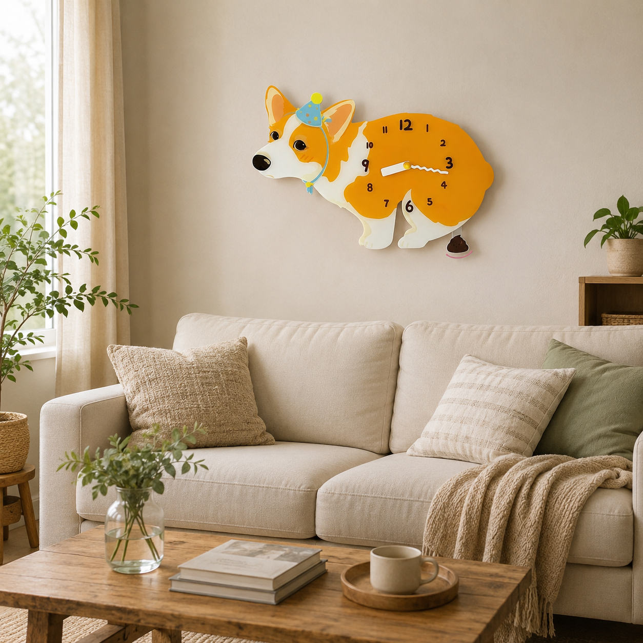 Bicolor Corgi styled on a cozy home wall as funny dog wall decor