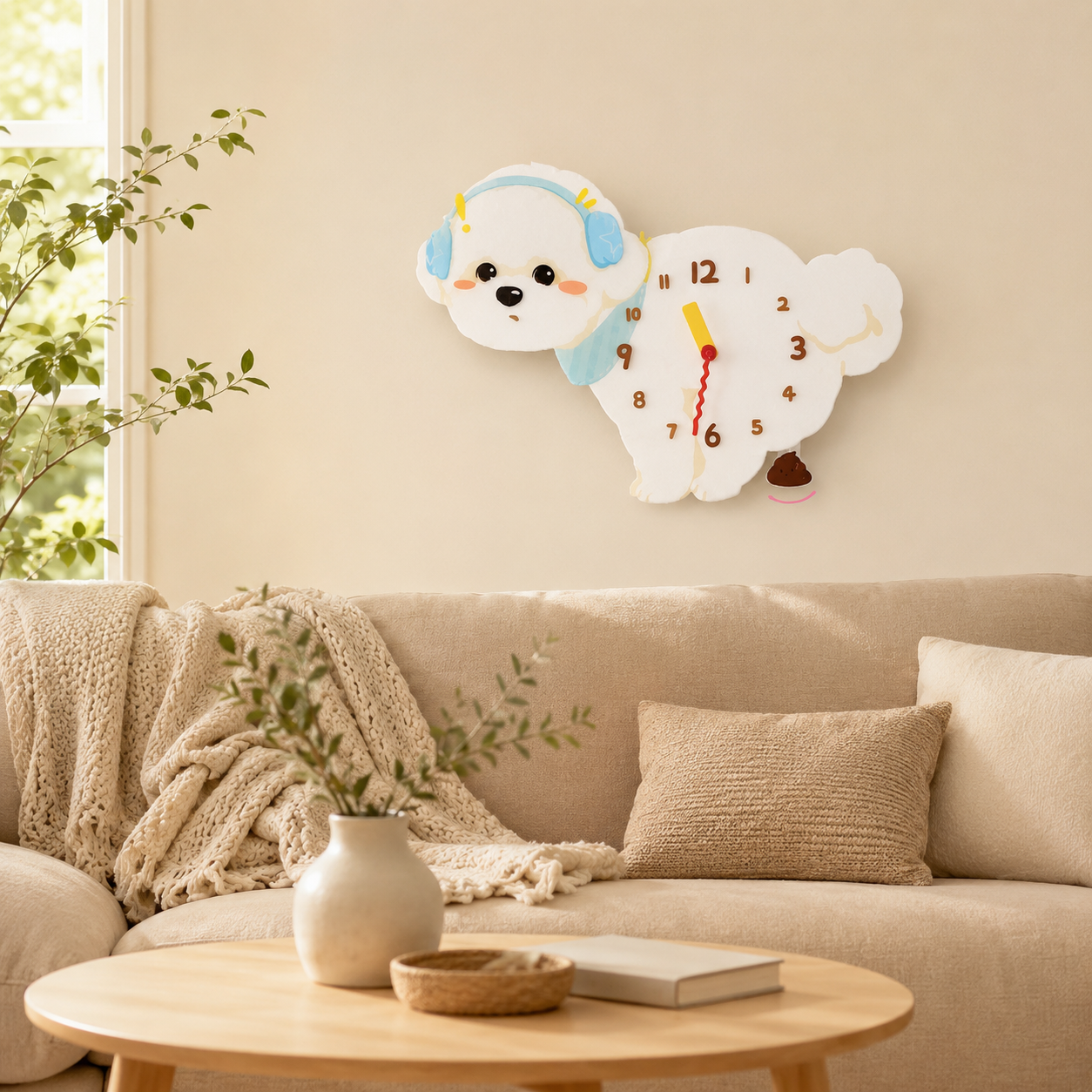 Band Bichon Frise styled on a cozy home wall as funny dog wall decor