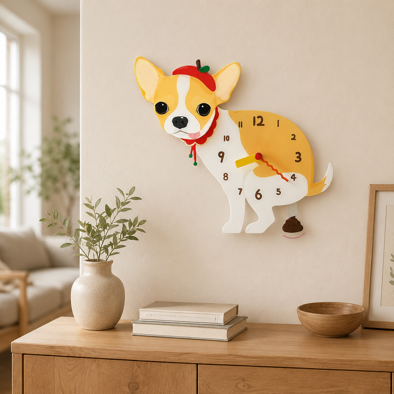 Cream Chihuahua styled on a cozy home wall as funny dog wall decor
