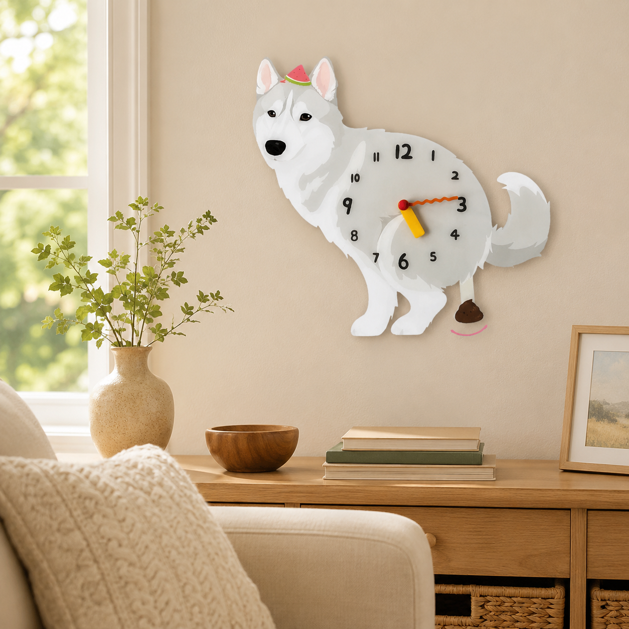 Gray Husky styled on a cozy home wall as funny dog wall decor