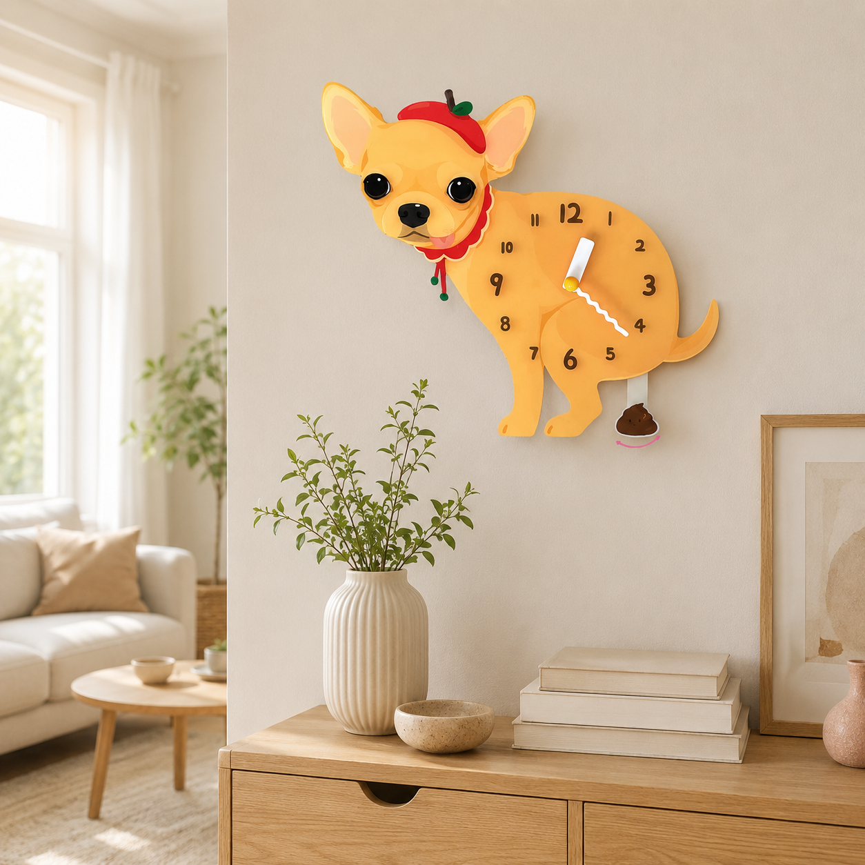 Yellow Chihuahua styled on a cozy home wall as funny dog wall decor