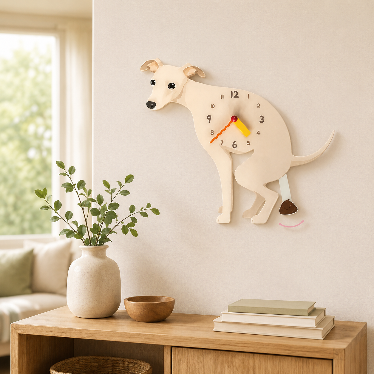 Latte Greyhound styled on a cozy home wall as funny dog wall decor