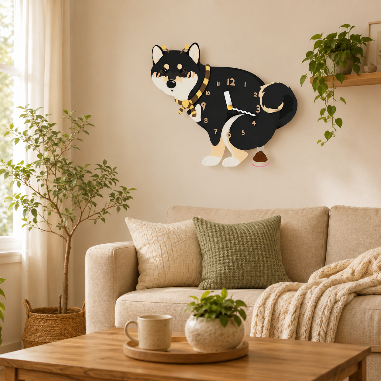 Black Shiba Inu styled on a cozy home wall as funny dog wall decor