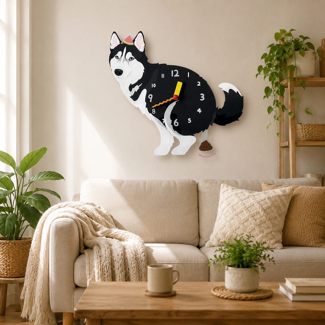 Black Husky styled on a cozy home wall as funny dog wall decor