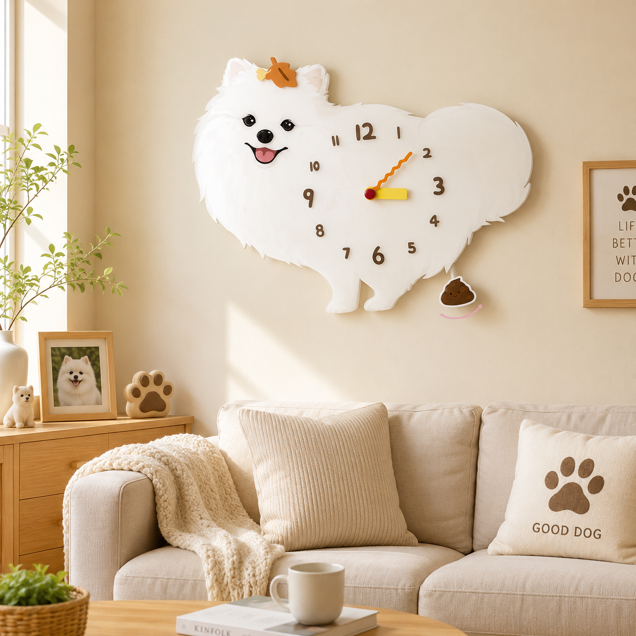 White Pomeranian styled on a cozy home wall as funny dog wall decor