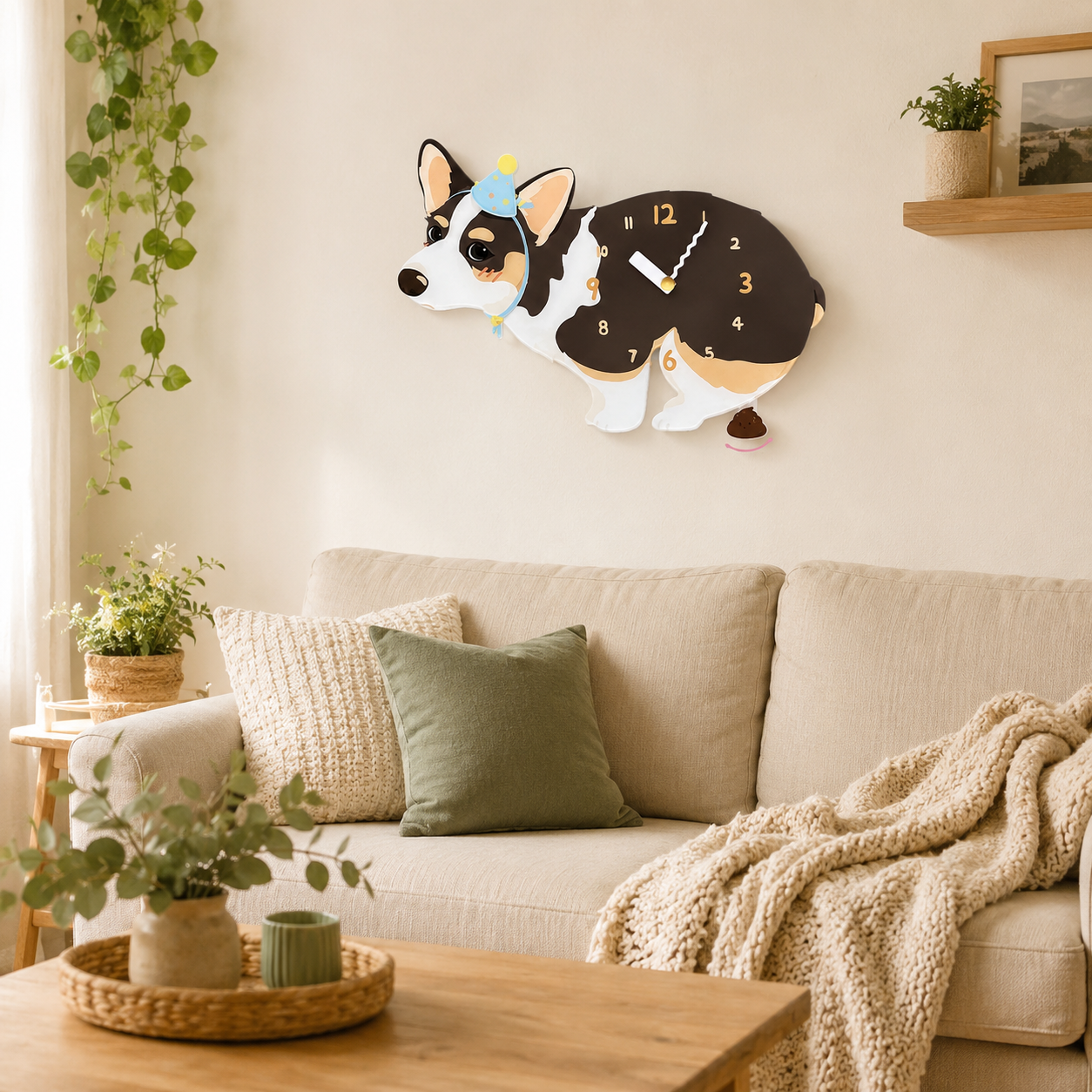 Black-Faced Tricolor Corgi styled on a cozy home wall as funny dog wall decor