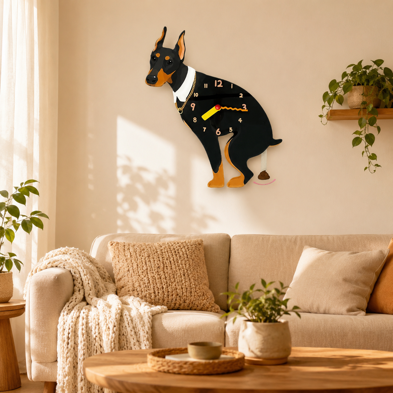 Black Doberman styled on a cozy home wall as funny dog wall decor