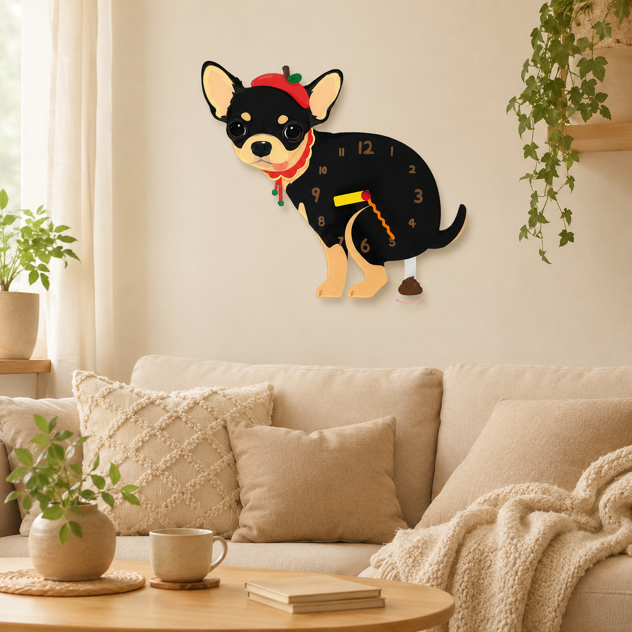 Black and Tan Chihuahua styled on a cozy home wall as funny dog wall decor