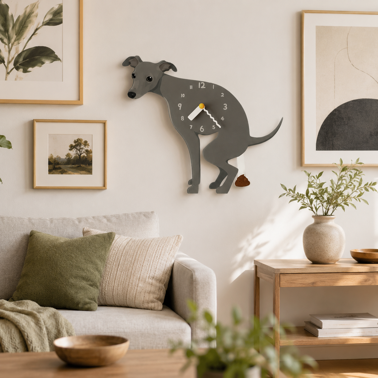 Gray Greyhound styled on a cozy home wall as funny dog wall decor